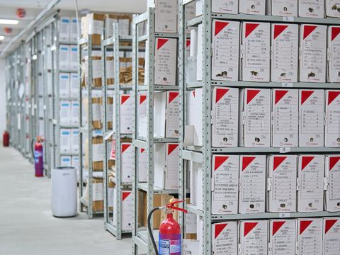 Rafturi metalice cu cutii de arhivă, stingător și detectoare de fum în depozitul Arhive-Dox